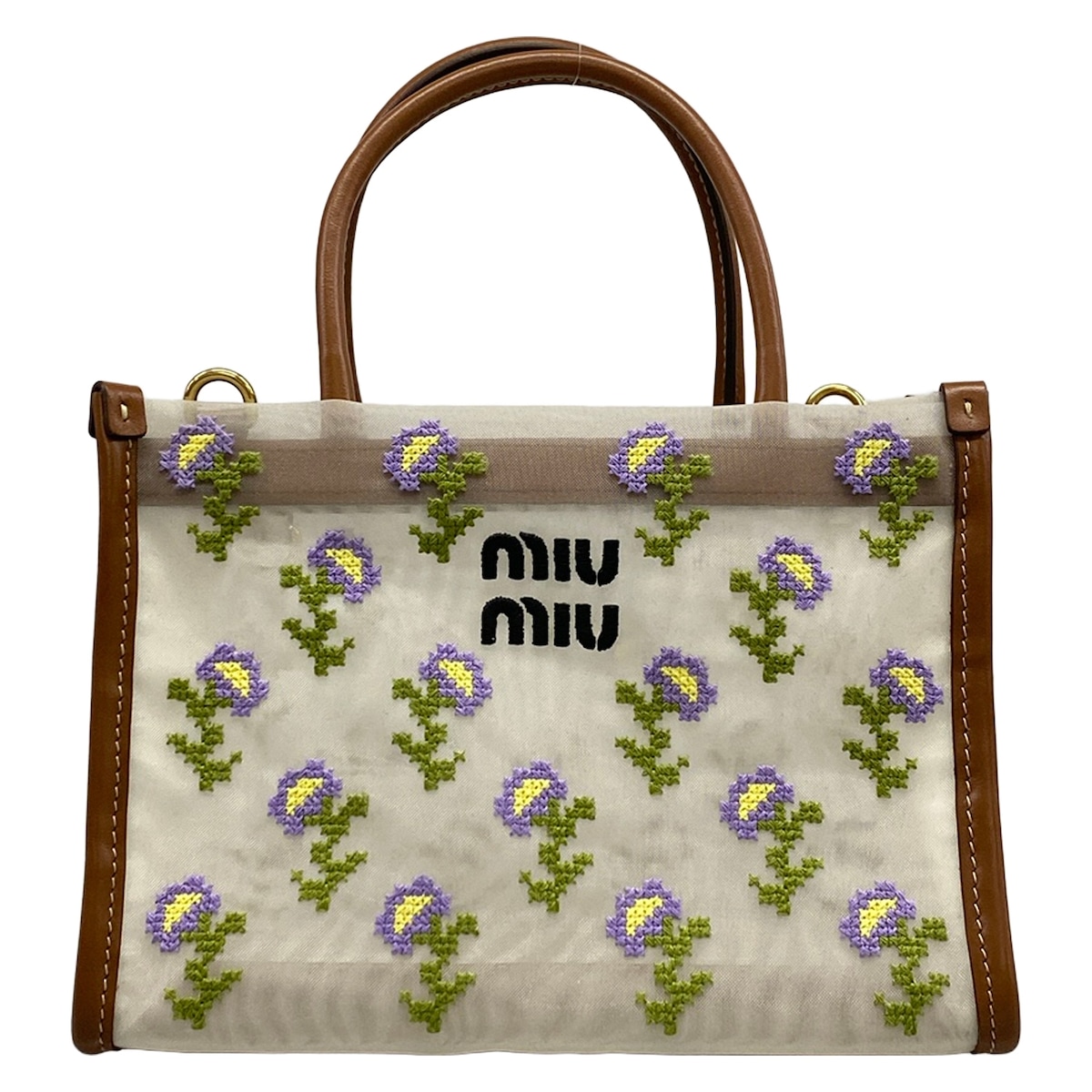Miu Miu Embroidered Mesh Top-Handle Bag Tote Bag Cream Brown Multi Recycled